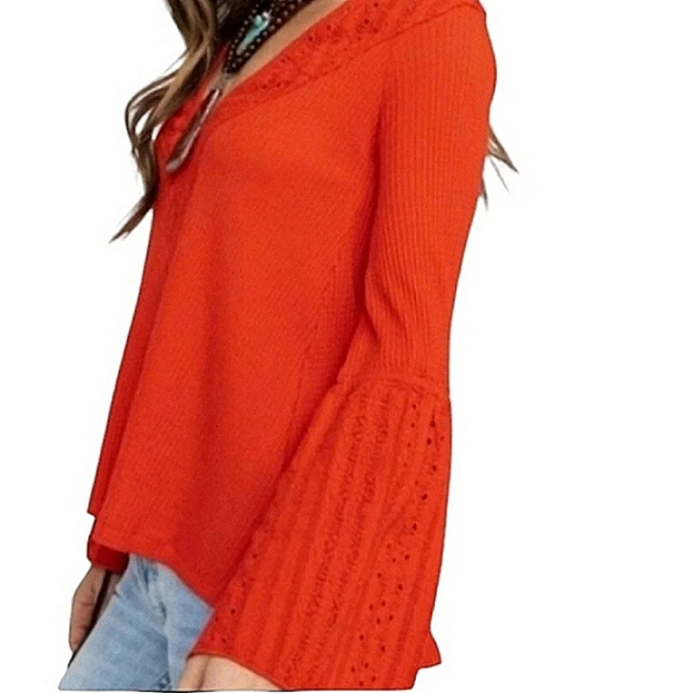 Free People Parisian Nights V-neck Waffle Knit Top Vermillion Red Size XS NWT